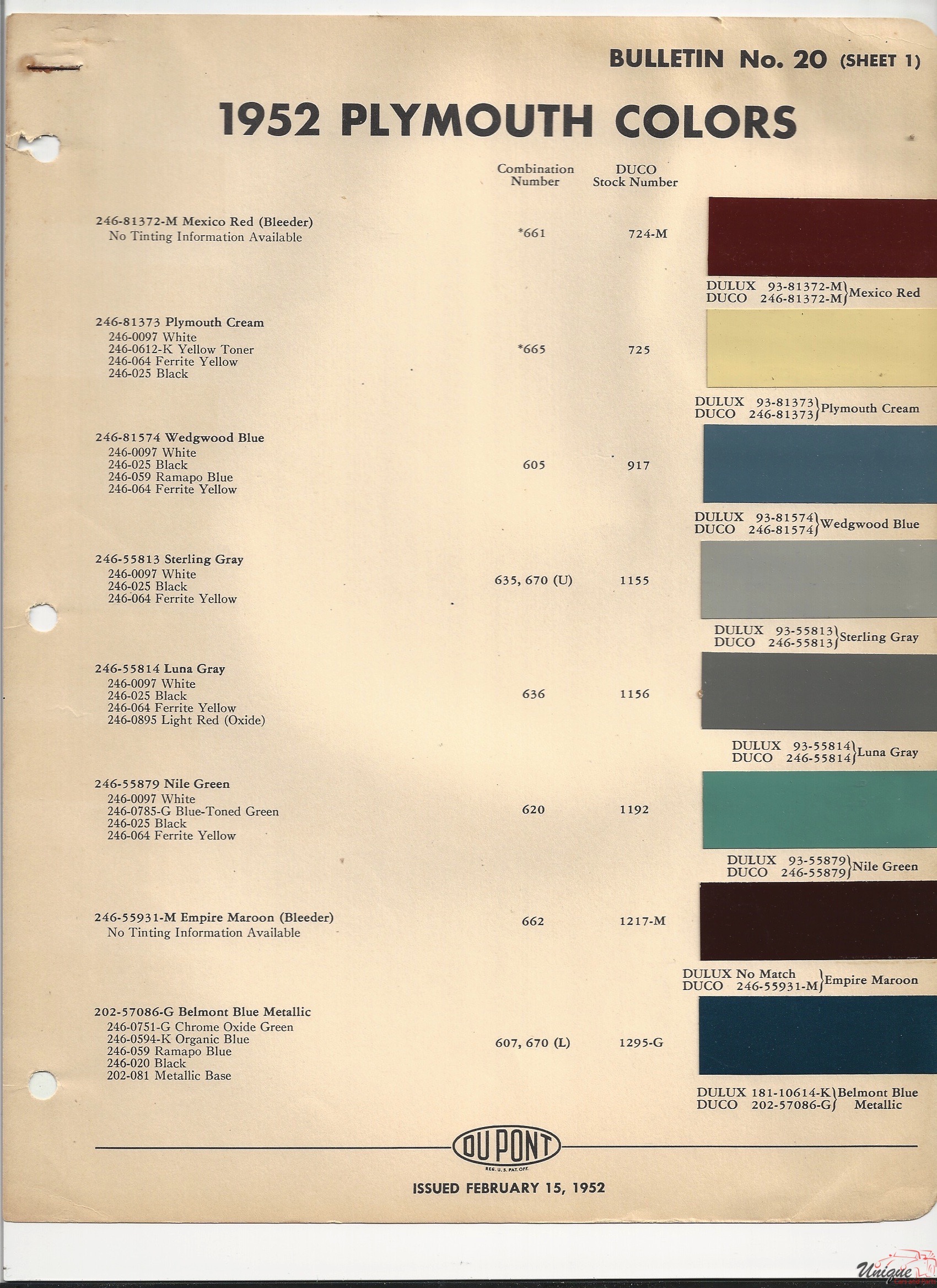 1952 Plymouth Paint Charts